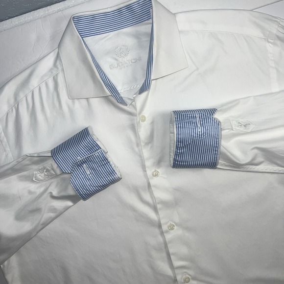 BUGATCHI UOMO‎ 100% Cotton White Long Sleeve Shirt Striped Flip Cuff 17-36/37 - Picture 1 of 10